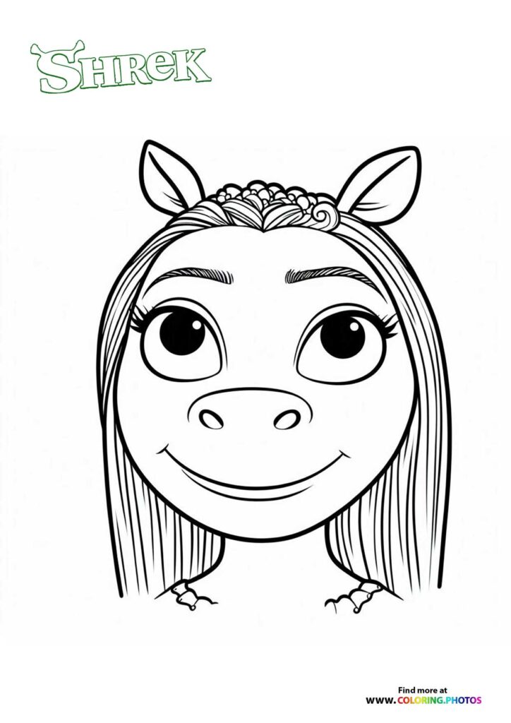 Princess Fiona with long hair, pointy ears, and a big smile coloring page from Shrek