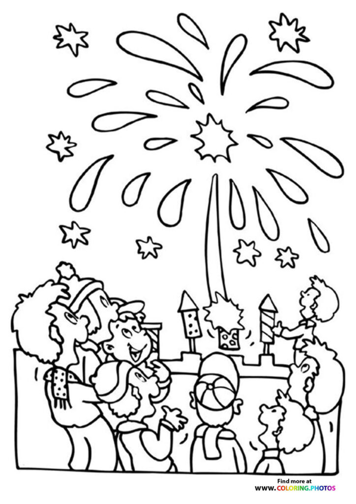 Group of people celebrating New Year's Eve with sparklers and party hats watching fireworks burst overhead coloring page
