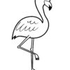 A standing flamingo with curved neck and beak, long thin legs, and feathered body coloring page