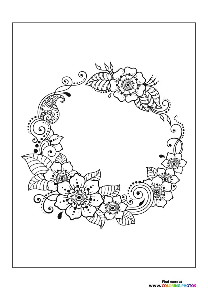 Decorative floral wreath with mandala patterns, flowers, leaves, and swirling vines coloring page
