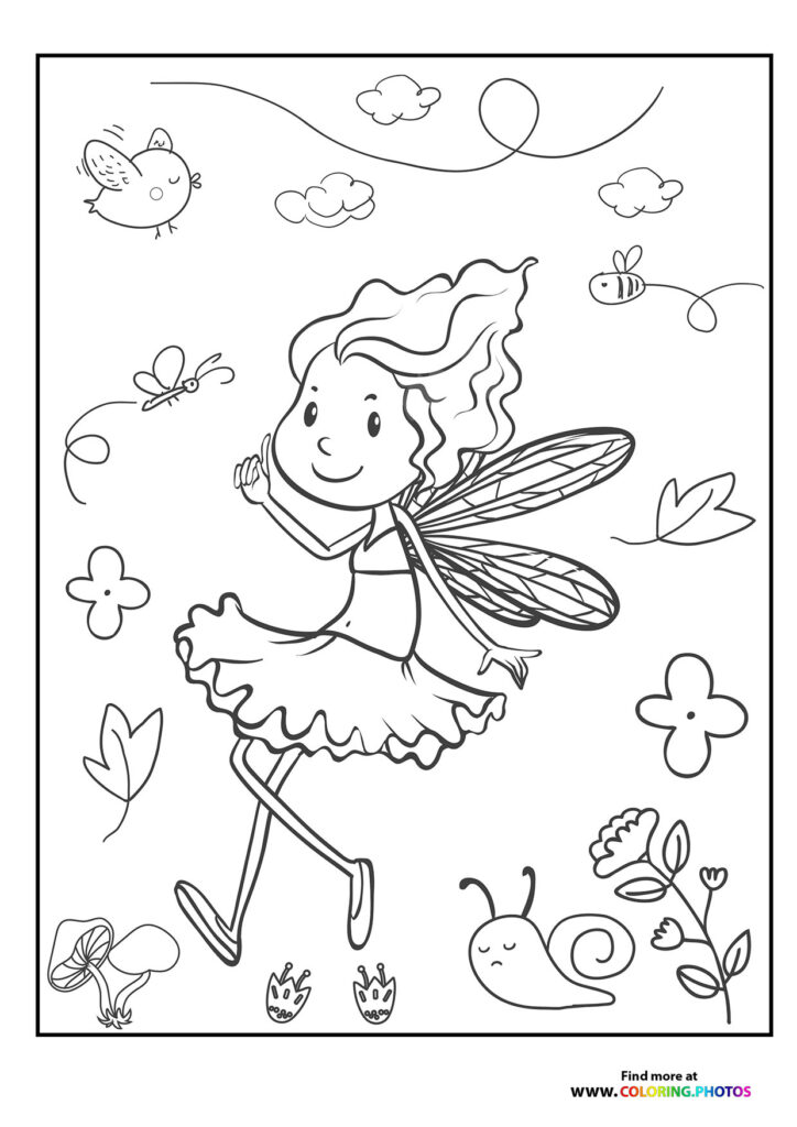 Happy fairy with wavy hair and large wings surrounded by clouds, flowers, bees, and a snail coloring page