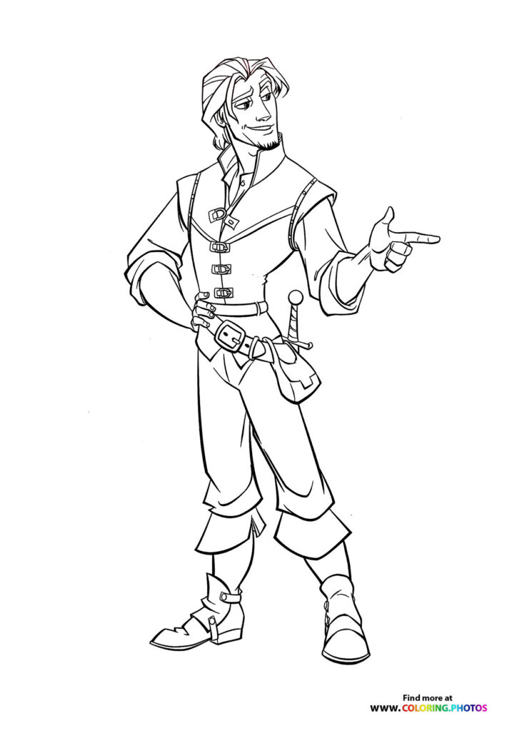 Flynn Rider in ruffled shirt and vest with sword, smirking confidently coloring page from Tangled