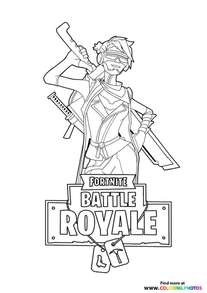 Fortnite soldier character with tactical gear, weapons, and bandages holding the Battle Royale logo coloring page
