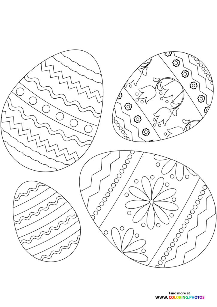 Four decorated Easter eggs with wavy lines, zigzag patterns, flowers, bunnies and dots coloring page