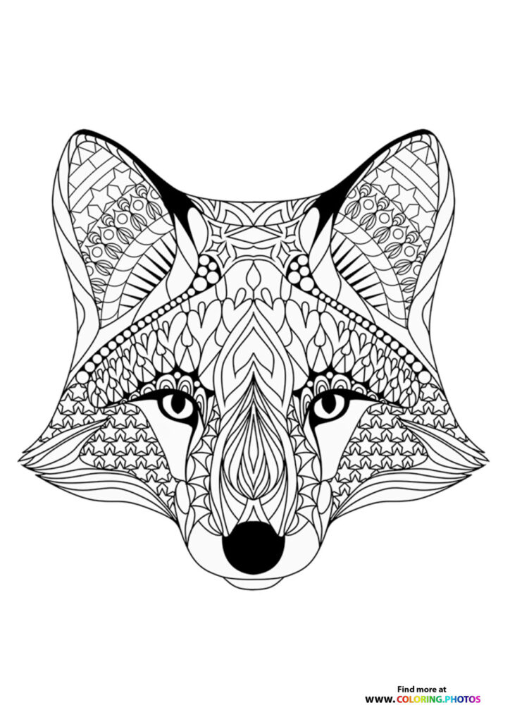 Detailed mandala fox head with intricate geometric patterns and symmetrical designs coloring page