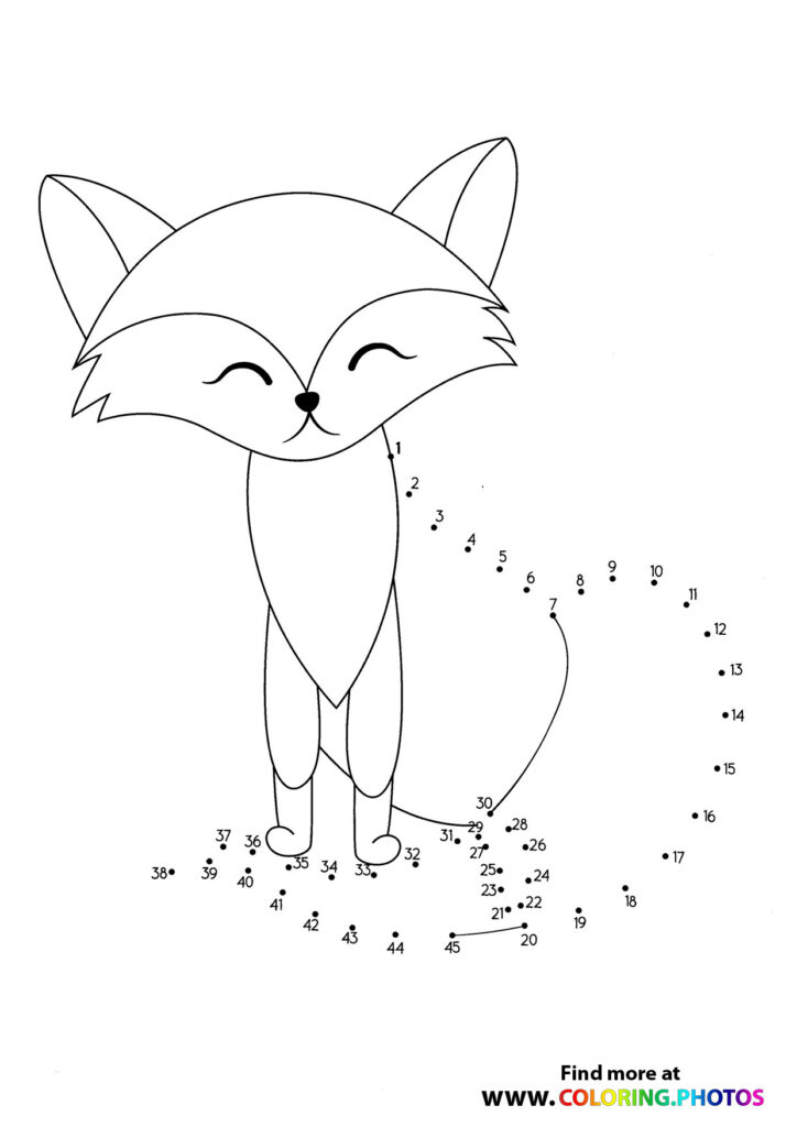 Cute fox with pointed ears and closed eyes dot-to-dot coloring page with 1 to 45 numbered dots