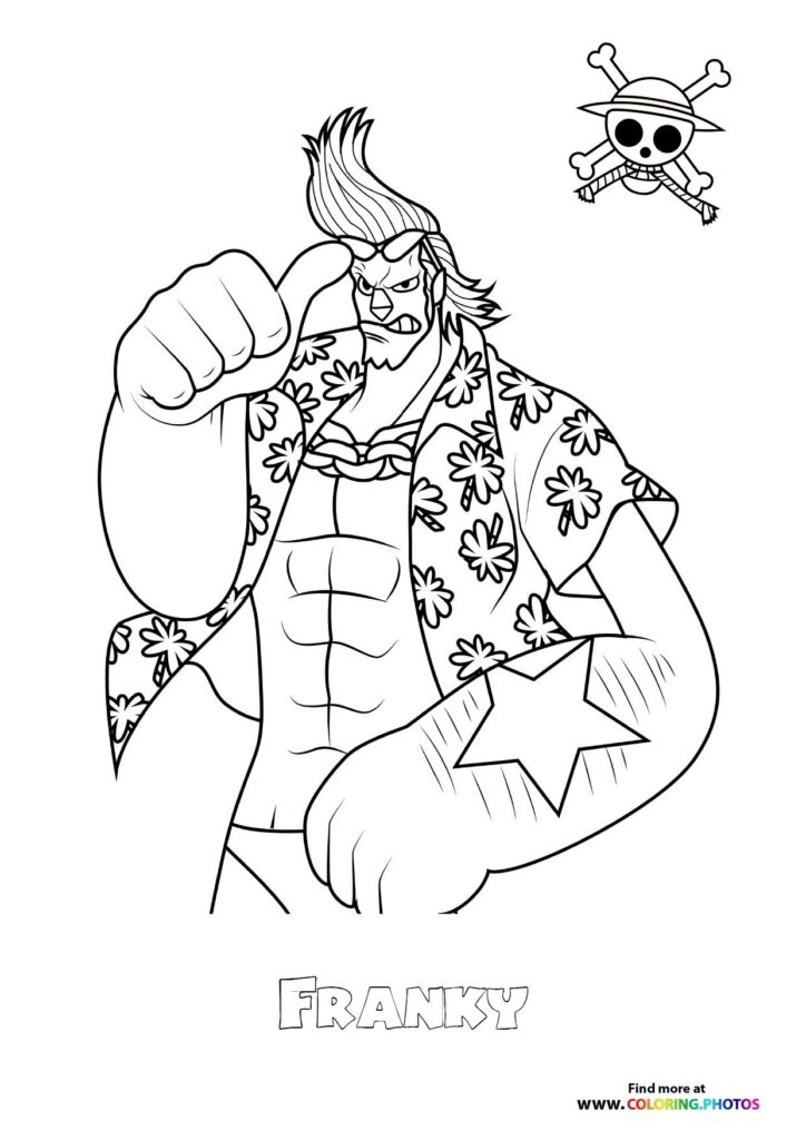 Franky from One Piece flexing with a floral shirt and raised fist coloring page