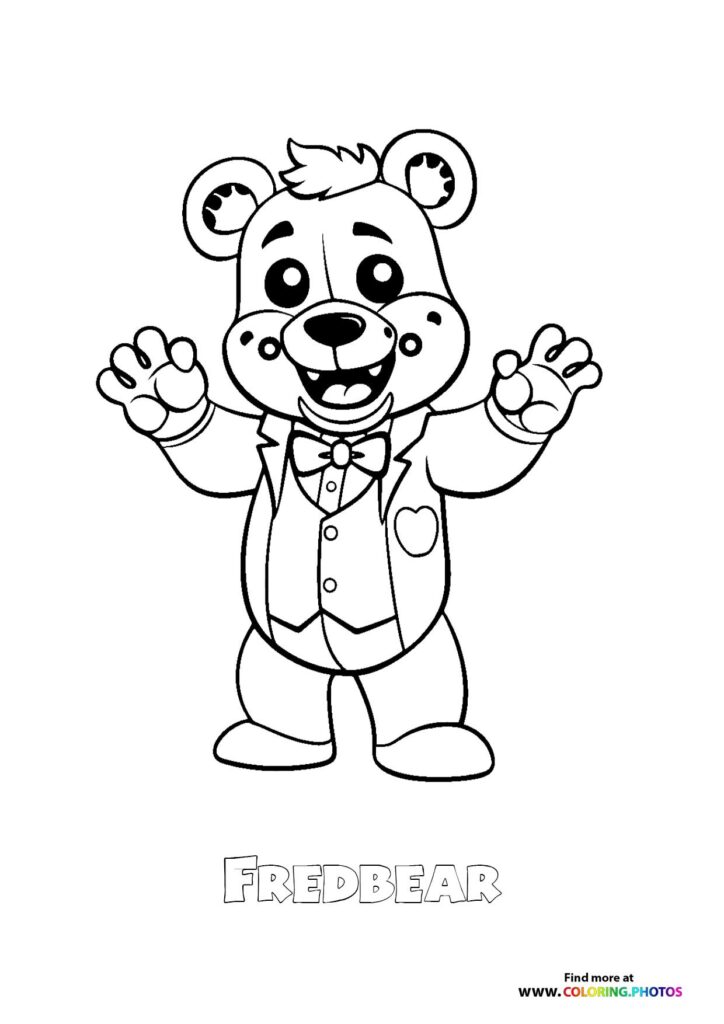 Fredbear the animatronic bear wearing a tuxedo with paws raised, smiling from Five Nights at Freddy's coloring page