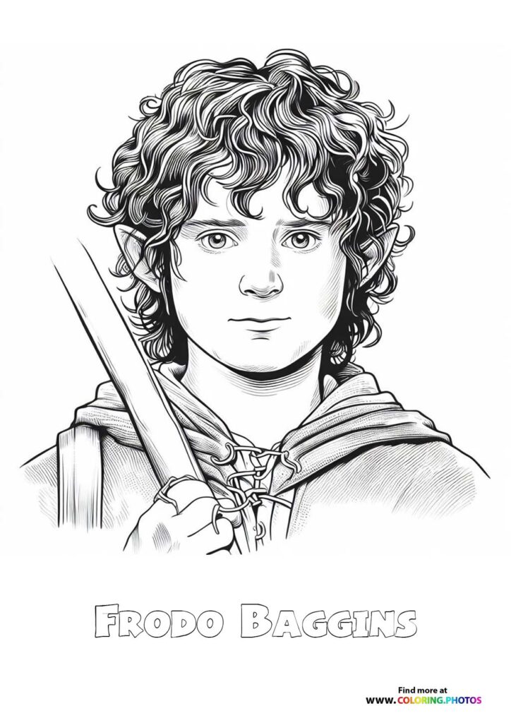 Frodo Baggins holding his sword with curly hair and hobbit clothing coloring page from Lord of the Rings