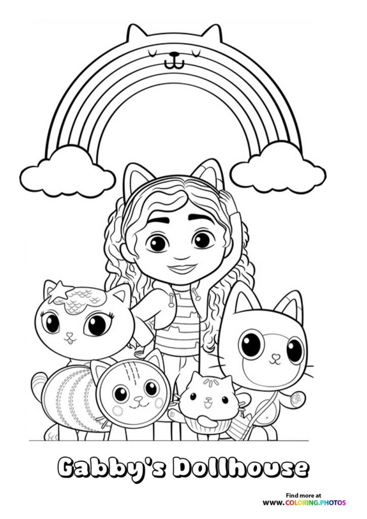 Gabby surrounded by colorful cat characters under a rainbow with clouds coloring page from Gabby's Dollhouse