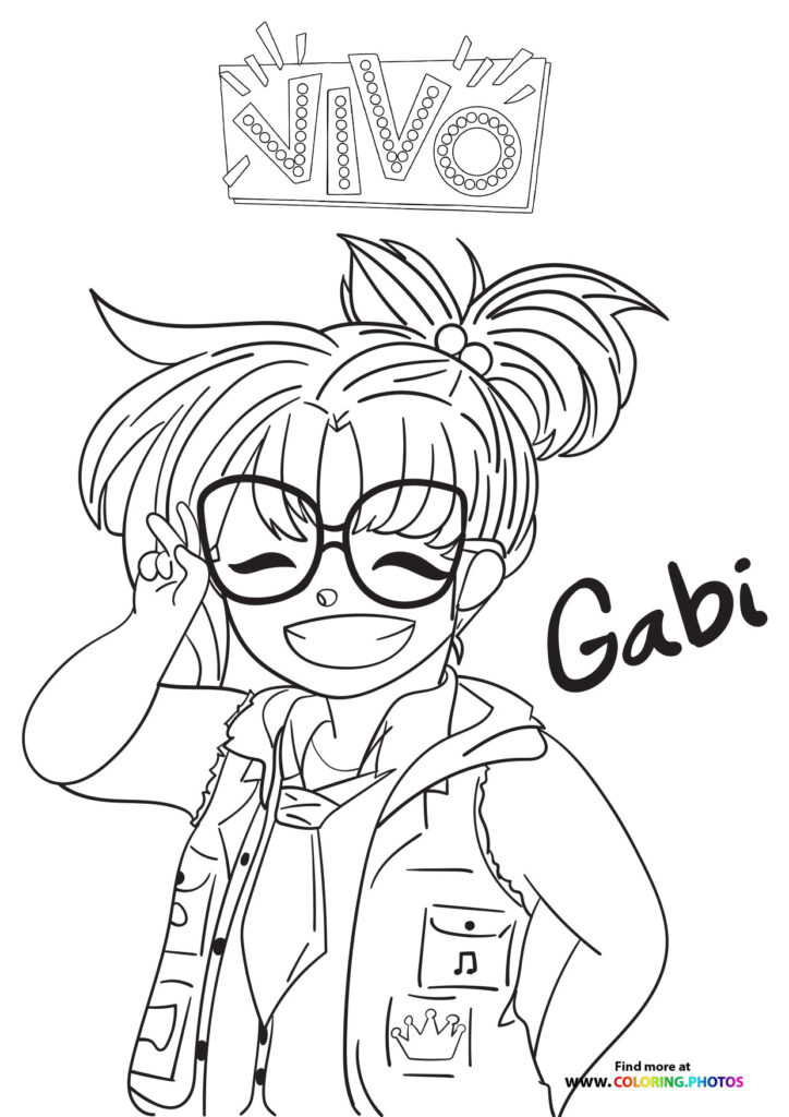 Gabi wearing glasses and colorful outfit with VIVO sign above, coloring page from Netflix's Vivo