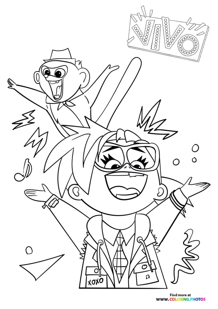 Vivo and Gavi celebrating with music and party energy coloring page from Netflix Vivo