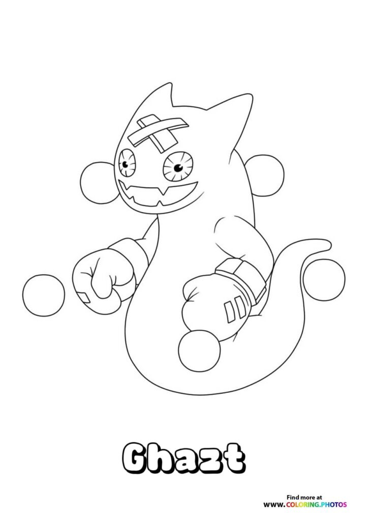Ghaz3 monster with pointed ears, bandaged hands, and circular attachments coloring page from My Singing Monsters