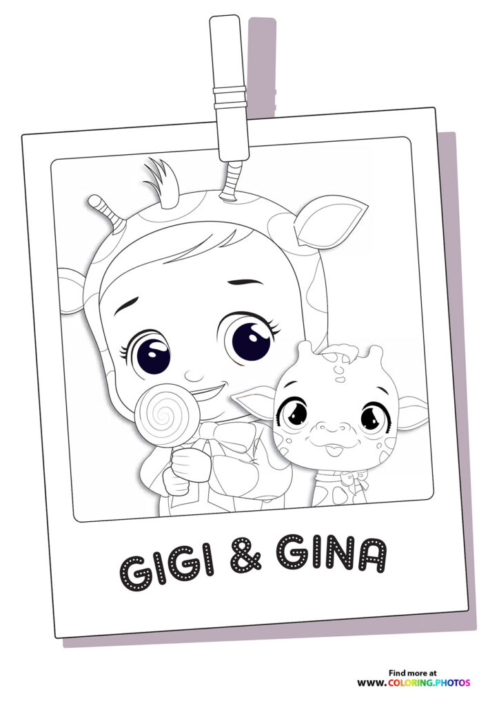 Gigi holding a lollipop next to Gina in a polaroid photo frame coloring page from Cry Babies