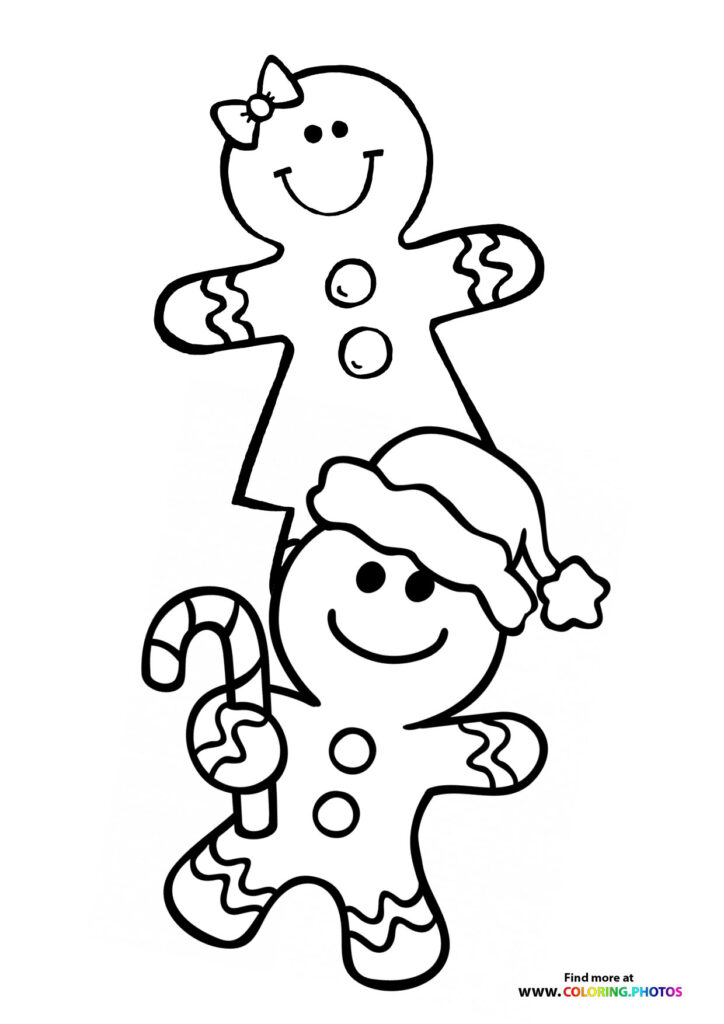 Two gingerbread cookies with frosting details and candy cane coloring page