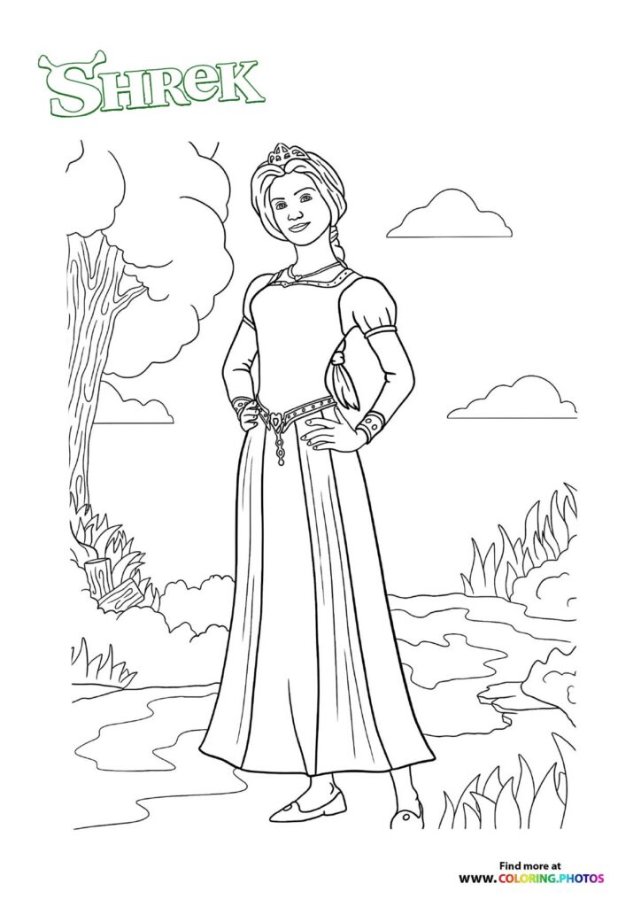 Princess Fiona standing in the swamp wearing a green dress coloring page from Shrek