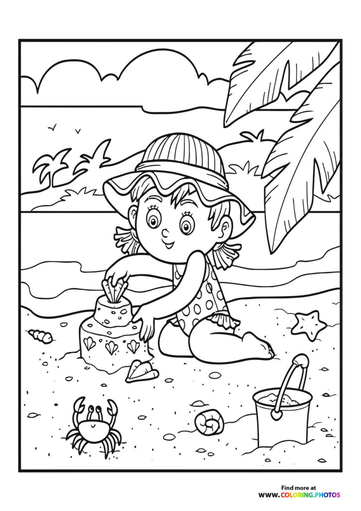 Girl building sandcastle at beach with crab and shells coloring page