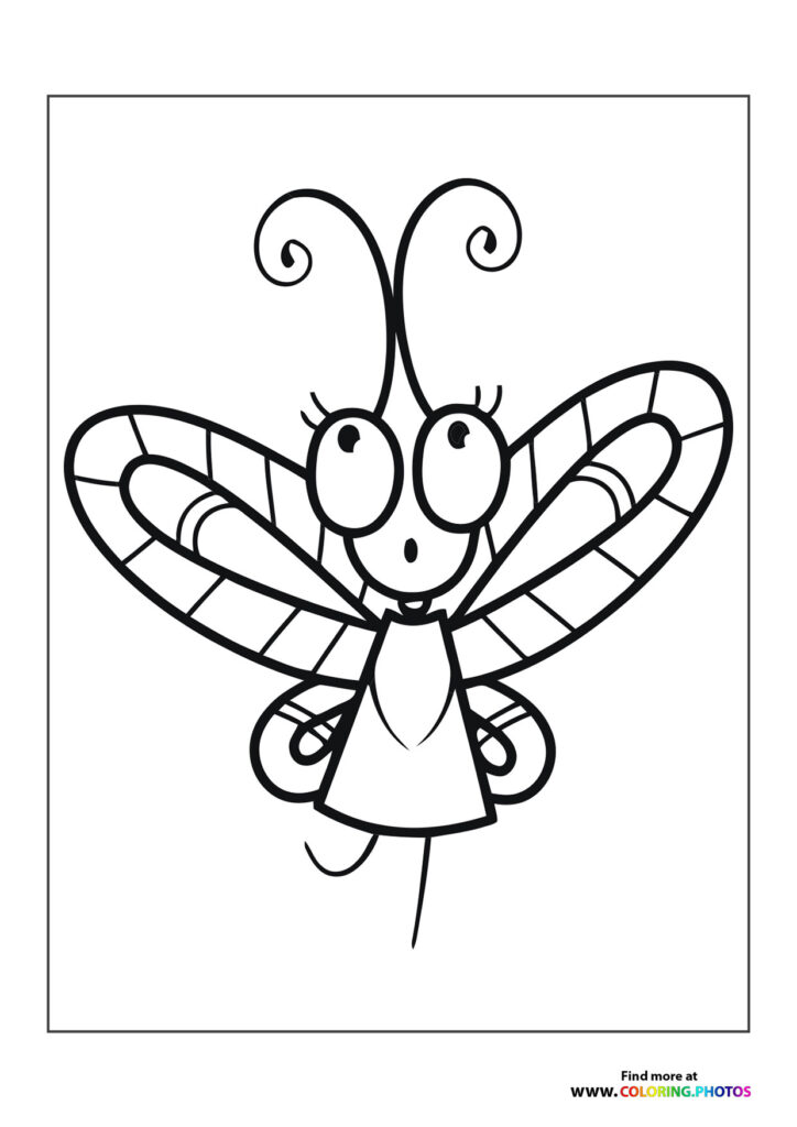 Cute cartoon butterfly with curled antennae, large eyes, and segmented wings coloring page