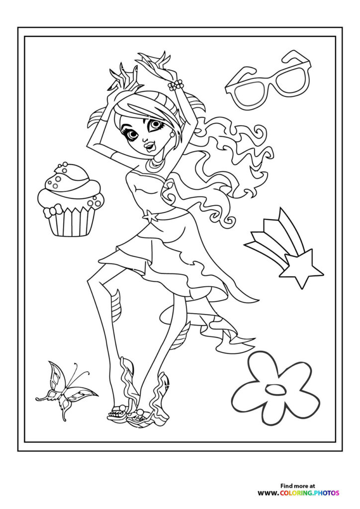 Fashion girl with wavy hair, headband, and layered outfit with accessories and cupcake coloring page