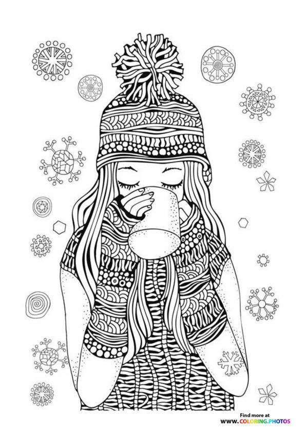 Girl drinking tea coloring page