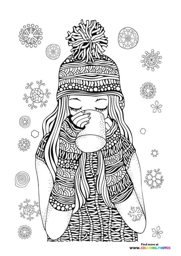 Woman in knit winter hat holding hot mug surrounded by decorative snowflake mandalas coloring page