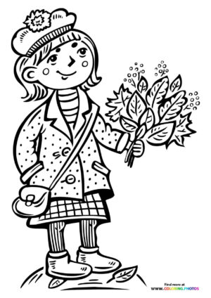 Girl holding autumn leaves coloring page
