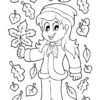 Girl with fall leaves coloring page