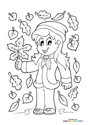 Girl with fall leaves coloring page