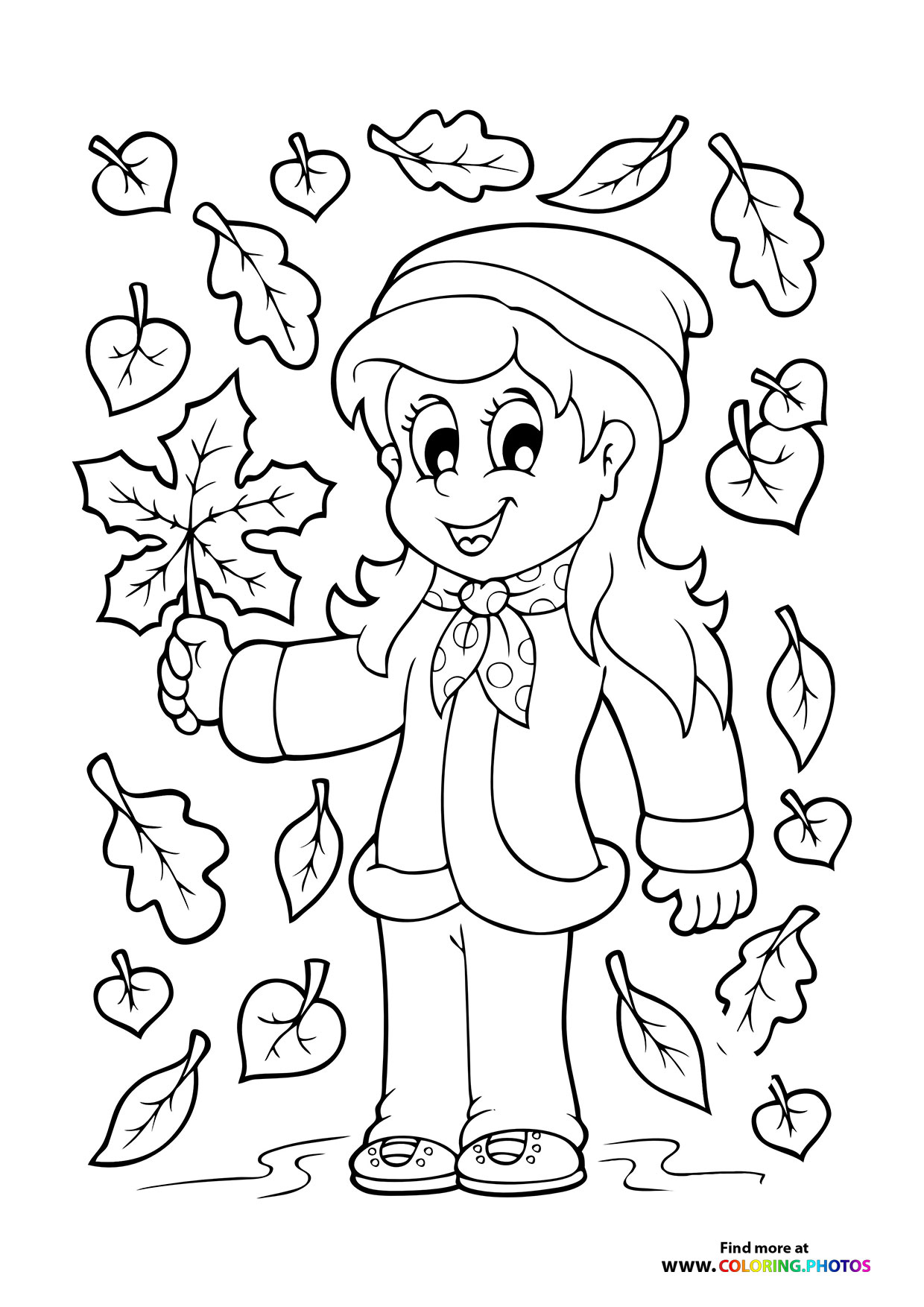 Девочка с осенними листьями раскраска