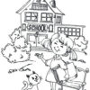 Girl and cat in front of school coloring page