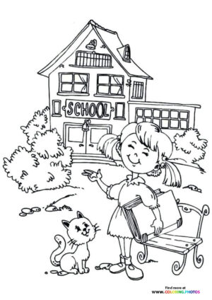 Girl and cat in front of school coloring page