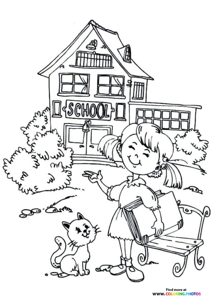 Girl with pigtails holding a cat in front of a school building coloring page