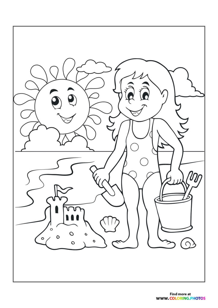 Girl in polka dot swimsuit at the beach with bucket and shovel next to smiling sun coloring page