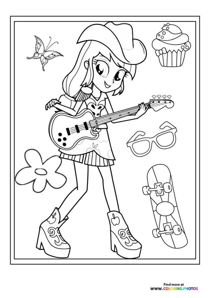Fashion girl playing electric guitar wearing cowboy hat and platform boots coloring page