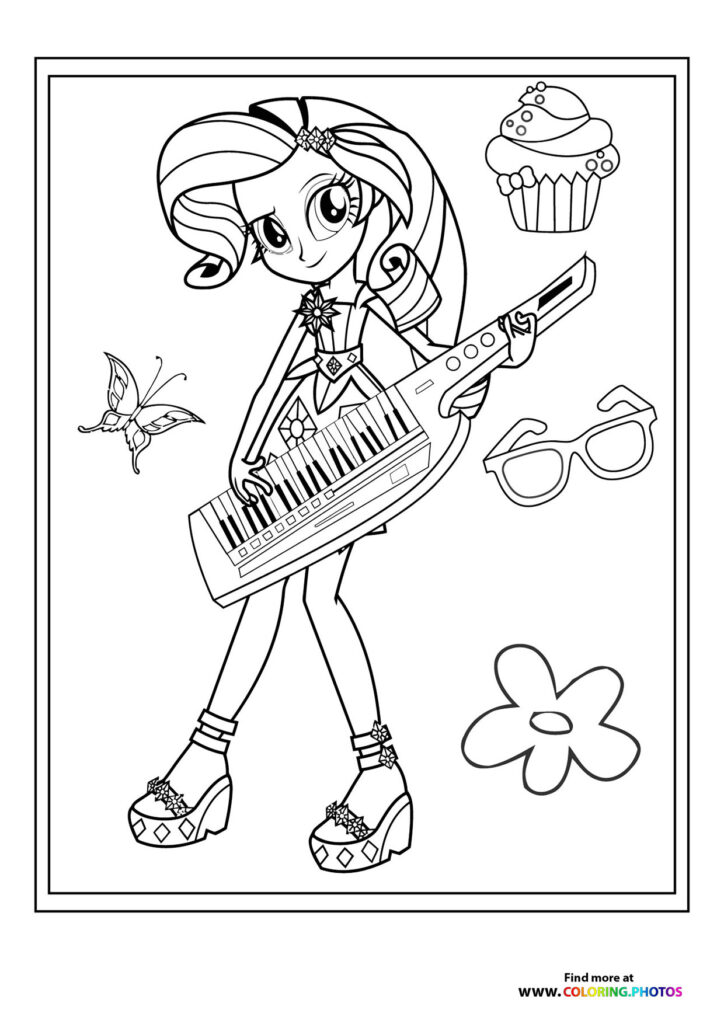 Fashion girl with long hair playing keyboard instrument wearing platform boots and accessories coloring page