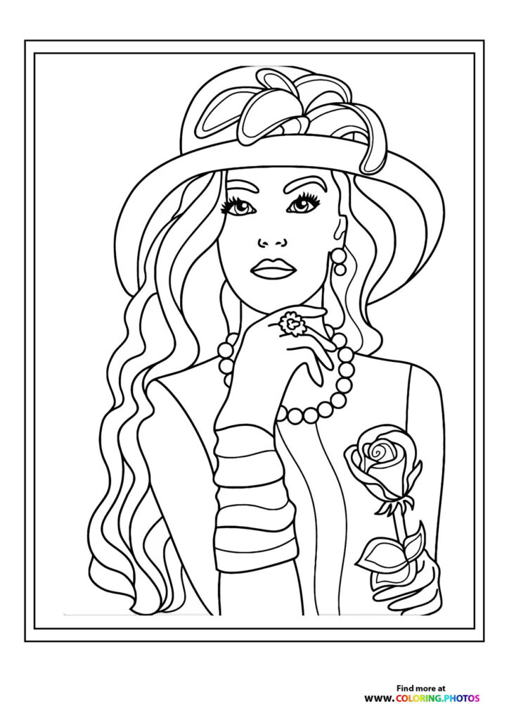 Elegant girl with wavy hair, wide brimmed hat, pearls, and roses coloring page