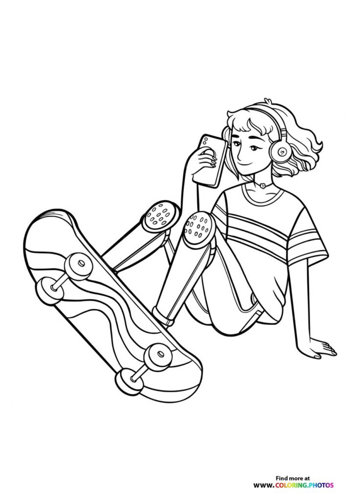 Teen girl with skateboard and headphones holding a phone coloring page