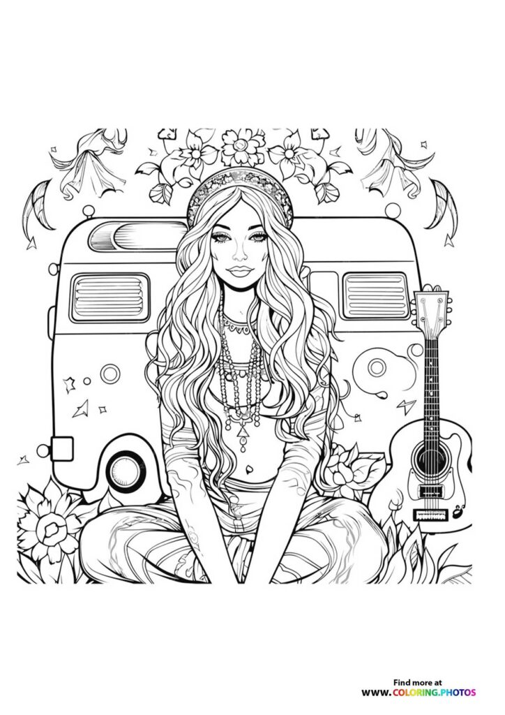 Boho girl with long wavy hair, flower crown, and layered necklaces sitting with acoustic guitar in front of vintage camper van surrounded by flowers coloring page