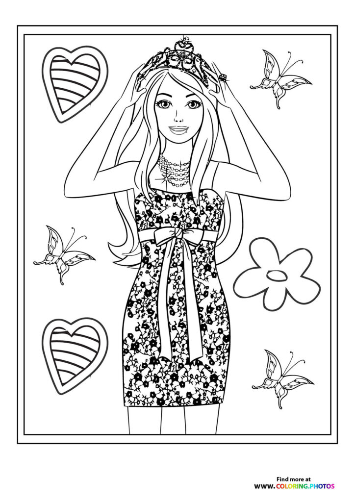 Princess bride adjusting tiara wearing floral dress with butterflies and hearts coloring page