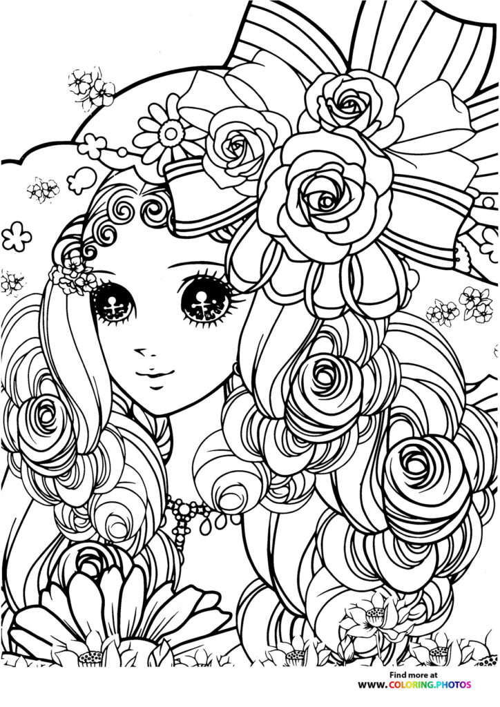 Girl with long hair made of roses and spiral patterns surrounded by flowers coloring page