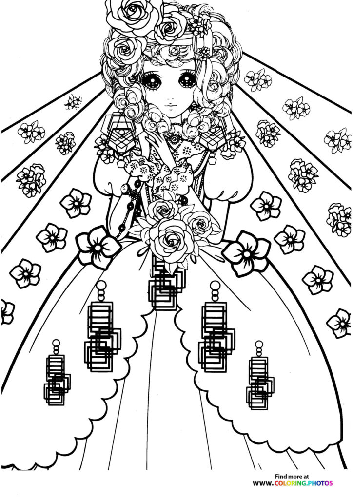 Girl with roses in her hair wearing a dress decorated with hanging lanterns and surrounded by flowers coloring page