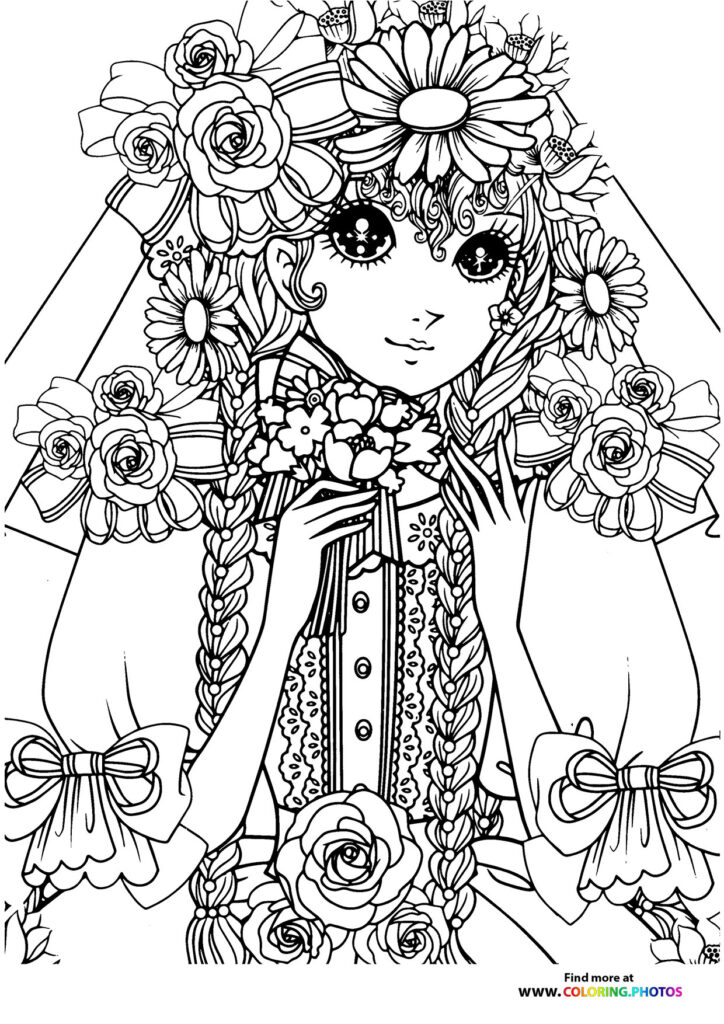 Girl wearing flower crown with braids and decorative dress surrounded by roses and daisies coloring page