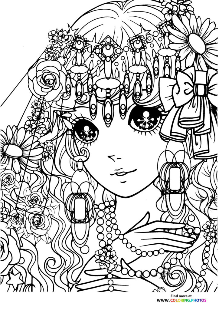 Girl with flower crown, roses, daisies, hanging jewels and pearl necklaces coloring page