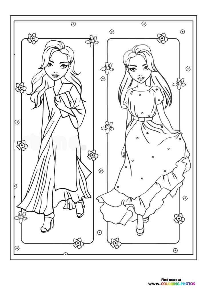 Two fashionable girls in elegant outfits surrounded by hanging flowers coloring page