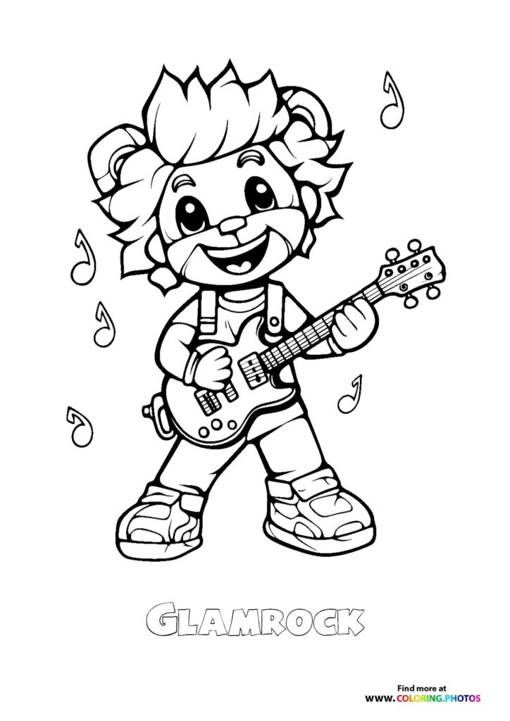 Glamrock Freddy playing electric guitar with musical notes coloring page from Five Nights at Freddy's