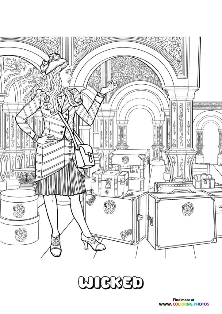 Elphaba wearing a plaid blazer and skirt standing in a grand lobby with arches and luggage coloring page from Wicked