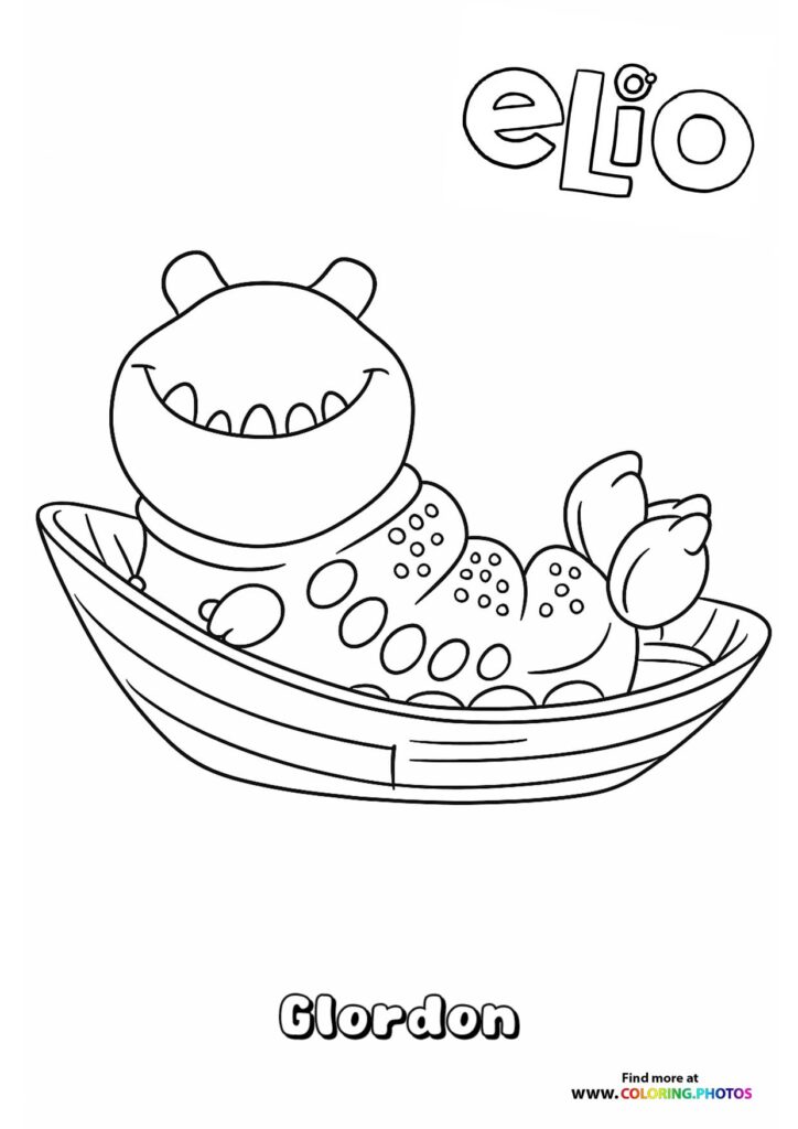 Glordon from Elio sitting in a wooden boat with a big smile coloring page