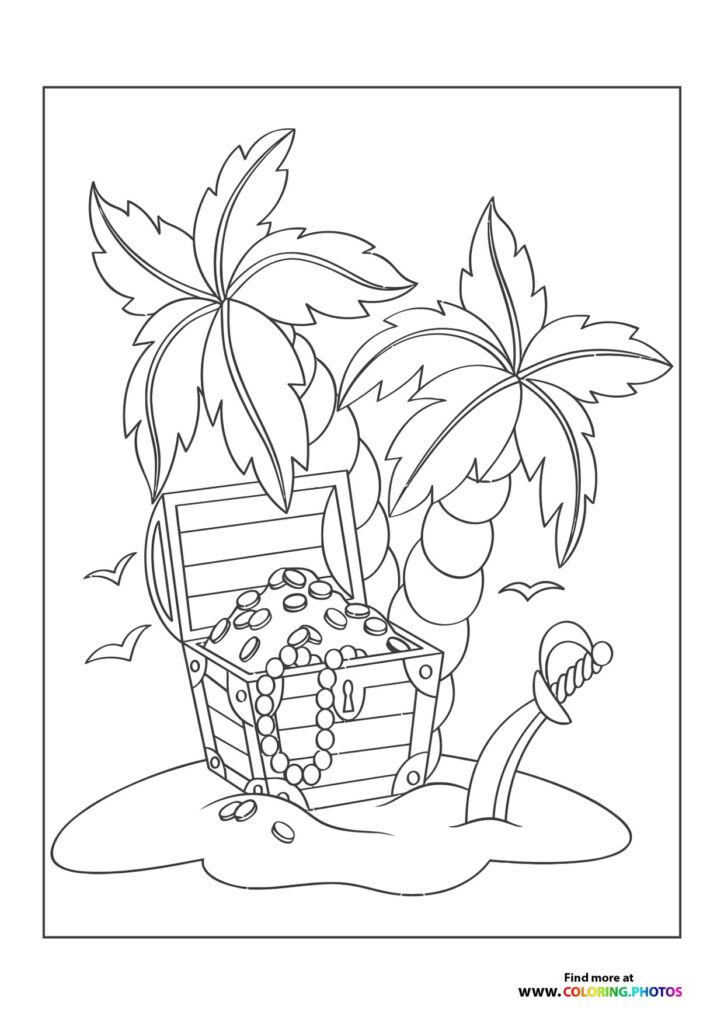Treasure chest filled with jewels and topped with tropical plants on beach coloring page