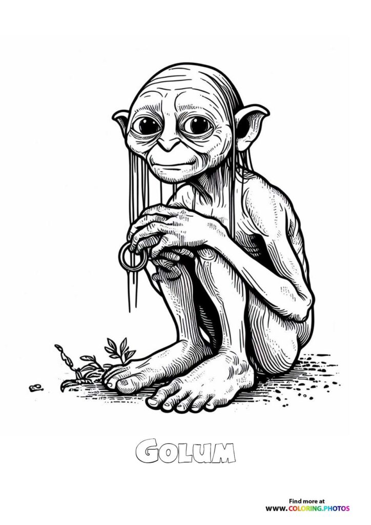 Gollum holding the One Ring with long hair and wrinkled features coloring page from Lord of the Rings