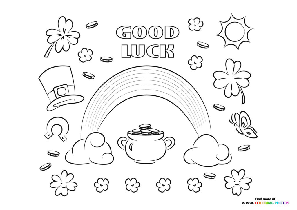 Rainbow with pot of gold, leprechaun hat, horseshoe, clovers, and good luck charms coloring page